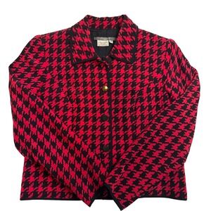 Vintage Maggy L Silk Houndstooth Blazer Women's Size 2P Red Black Quilted Y2K